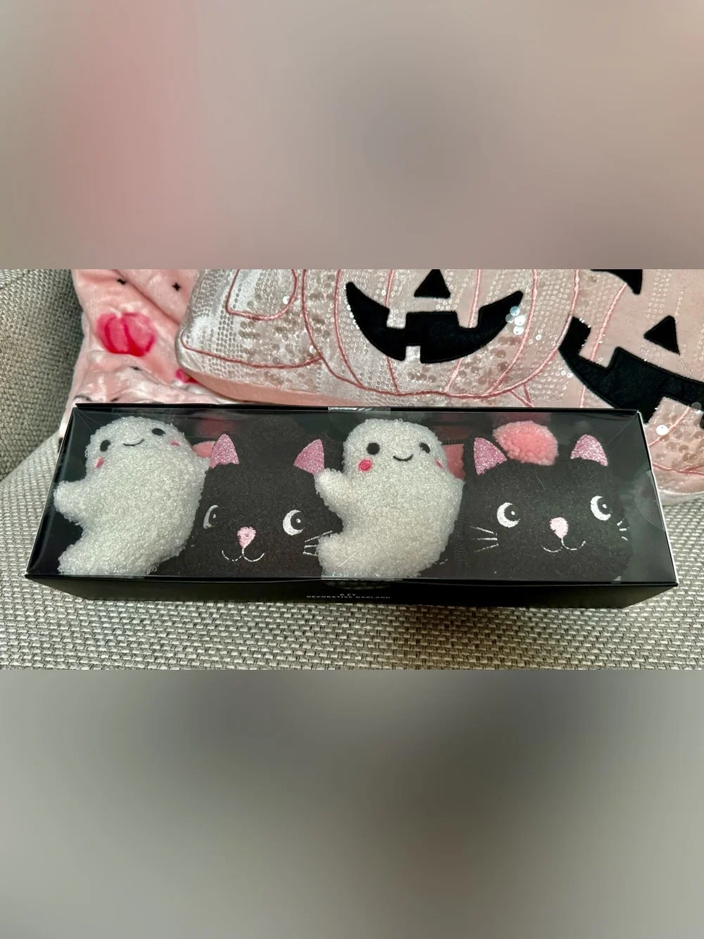 Pink Halloween Garland Booville Plush Ghosts Black Kitty Cats Pom Pom 6 ft long